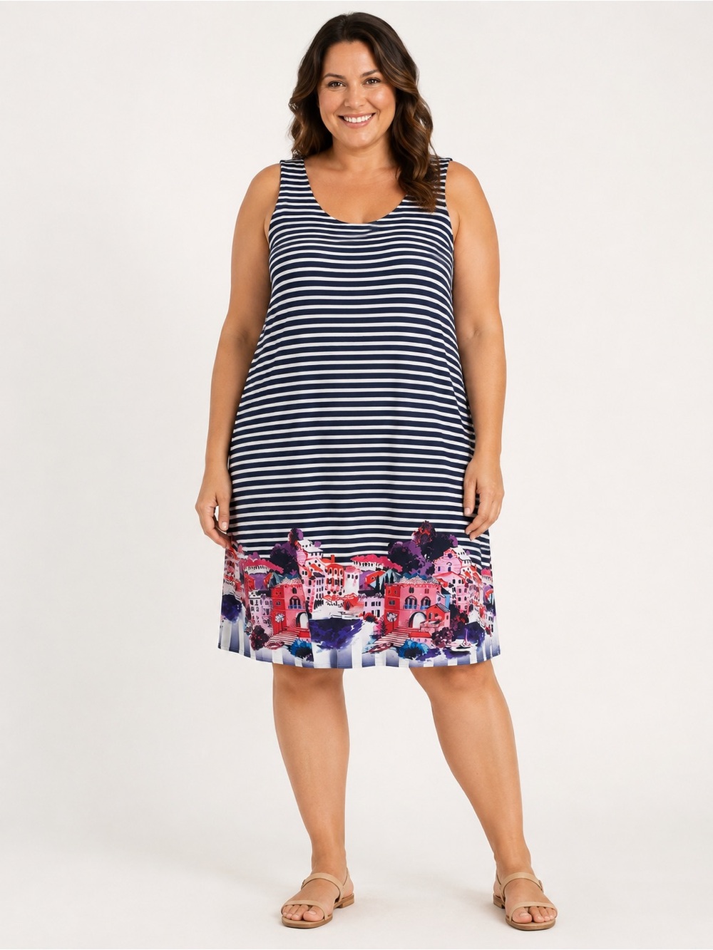 Musette Navy & White Striped Tank Dress with Pink Coastal Print Sz 14